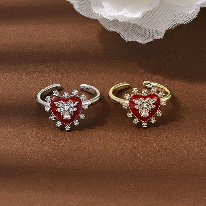 Латунные микропаве кубические цирконии манжеты открытые кольца для женщин, сердце с пчелами, с эмалью, стойки покрытие, без кадмия и без свинца, долговечный