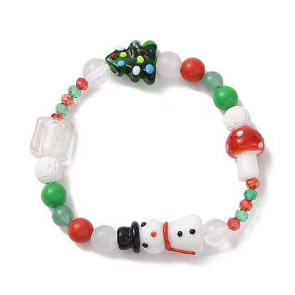 Christmas Tree & Snowman & Mushroom Stretch Bracelet, Natural & Synthetic Mixed Gemstone & Lampwork & Acrylic Adjustable Bracelet for Women