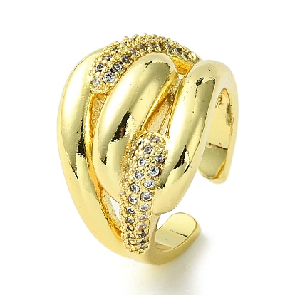 Brass Micro Pave Cubic Zirconia Open Cuff Rings, Cadmium Free & Lead Free, Hollow