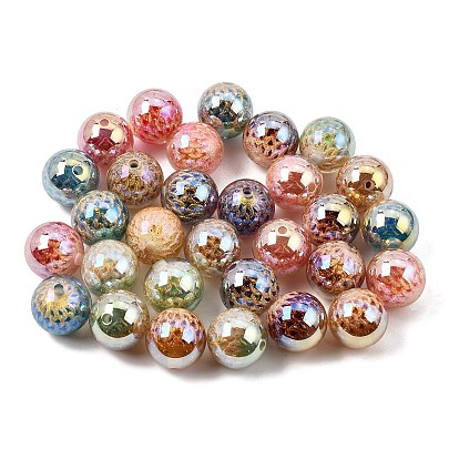 Plating Transparent Resin Beads, Round with Dragon Scales, with Gold Powder