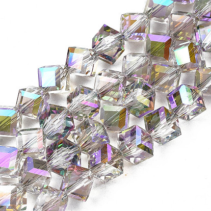 Electroplate Transparent Glass Beads Strands, Faceted, Diagonal Cube Beads