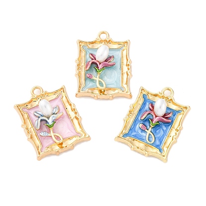 Подвески из эмали и сплава, с ABS имитации жемчуга, без кадмия, без никеля и без свинца, стойки покрытие, прямоугольник с цветочной подвеской, золотые