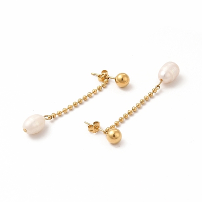 Ion Plating(IP) 304 Stainless Steel Ball Chain Stud Earrings, Pearl Dangel Earrings for Women