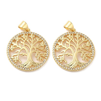 Brass Micro Pave Cubic Zirconia Pendants, Lead Free & Cadmium Free, Tree of Life Charms