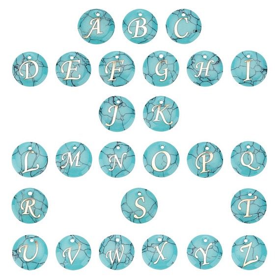DIY Jewelry Pendants Making Kits, with Synthetic Turquoise Charms, with Plastic Alphabet, Flat Round