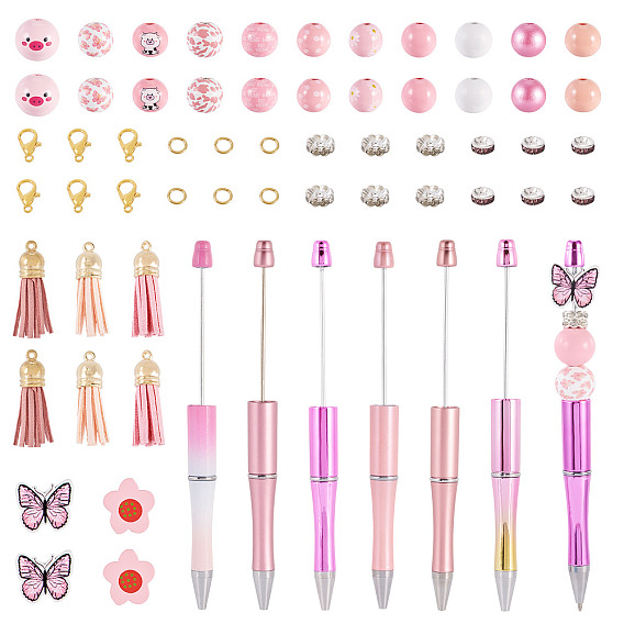 Пластиковые шариковые ручки, шариковая ручка, с деревянных бусин, Латунные бусины со стразами , железа горный хрусталь разделительные бусинки, Сплав застежками когтя омара, 304 кольца прыжок из нержавеющей стали