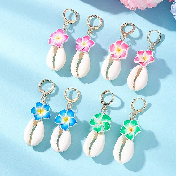 Серьги-кольца в виде цветка из полимерной глины, с натуральной раковиной каури и жемчужиной из АБС-пластика, золотые