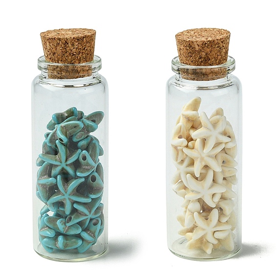 2шт. прозрачная стеклянная бутылка для желаний, балансировка драгоценных камней викка, с морскими звездами, синтетическими бирюзовыми бусинами, дрейфующими чипсами внутри