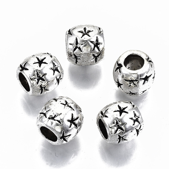 Tibetan Style Alloy European Beads, Barrel with Star, Cadmium Free & Lead Free