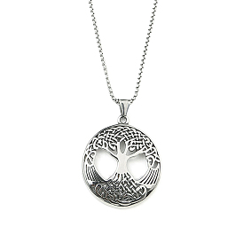 201 Stainless Steel Pendant Necklaces,Flat Round with Tree Of Life