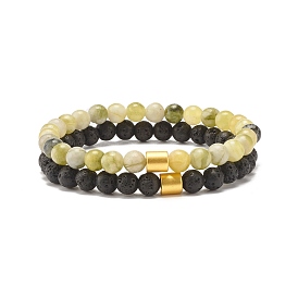 2Pcs 2 Style Natural Qinghua Jade & Lava Rock Round Beaded Stretch Bracelets Set with Column Synthetic Hematite, Oil Diffuser Power Stone Jewelry for Women