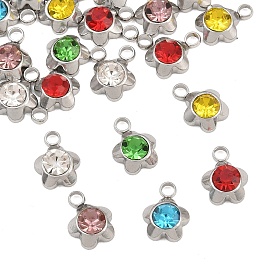 201 Stainless Steel Rhinestone Pendants, Flower Charms, Ion Plating(IP), Real 18K Gold Plated/Stainless Steel Color
