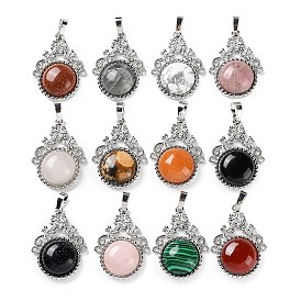 Natural & Synthetic Mixed Gemstone Pendants, with Rack Plating Brass Findings, Cadmium Free & Lead Free, Flat Round & Flower