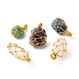 Natural Mixed Gemstone Pendants, with Gold Metallic Wire, Nuggets