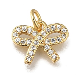 Rack Plating Brass Micro Pave Clear Cubic Zirconia Charms, Long-Lasting Plated, Cadmium Free & Lead Free, Bowknot Charms, with Jump Ring