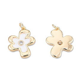Brass Pave Clear Cubic Zirconia Pendants, with Enamel and Jump Ring, Cadmium Free & Nickel Free & Lead Free, Flower