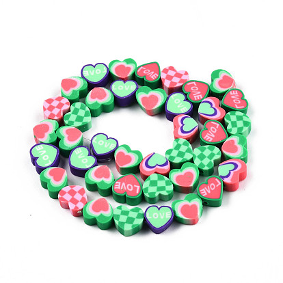 Handmade Polymer Clay Beads Strands, Heart with Word Love & Tartan Pattern