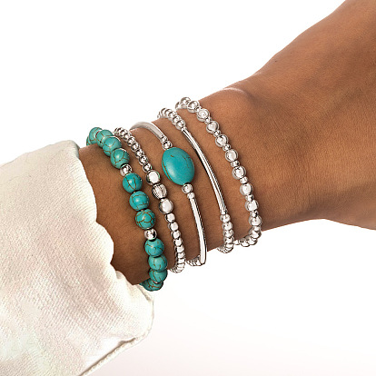 5шт 5 стили браслеты из искусственной бирюзы и ccb круглые эластичные для женщин, Сплав с поиска