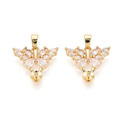 Латунные подвески с кубическим цирконием, чашеобразные, с жемчужинами, штифты, булавки, бабочка, за половину пробурено бисера, реальный 18 k позолоченный