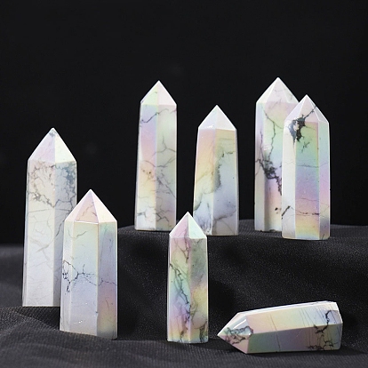Tour de pointe galvanoplastie baguettes en pierre de guérison howlite naturelle, pour les décors de thérapie de méditation reiki chakra, prisme hexagonal