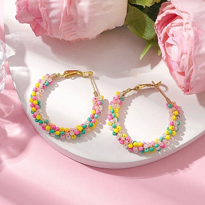 Boucles d'oreilles créoles en perles de rocaille en verre colorées, boucle d'oreille en fer en forme d'anneau pour femme