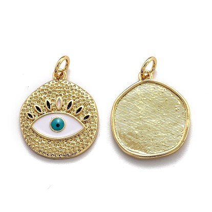 Brass Enamel Pendants, with Jump Ring, Long-Lasting Plated, Real 18K Gold Plated, Flat Round with Evil Eye