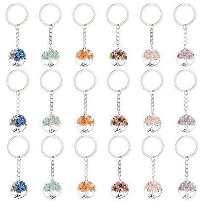 Брелки с плоским круглым тисненым сплавом и драгоценными камнями в тибетском стиле с изображением дерева жизни, с железными разрезными брелоками