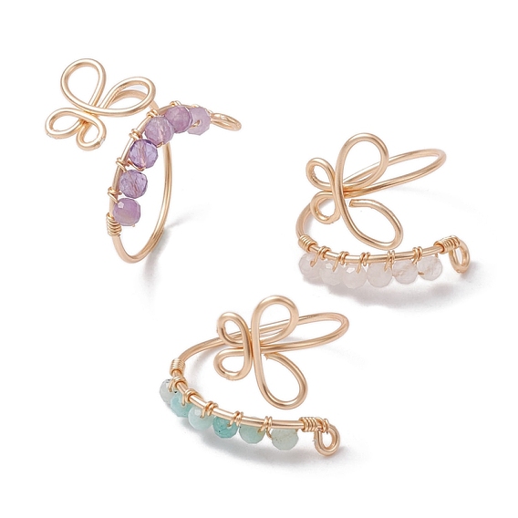 3 шт. 3 стиль светло-золотой латунь проволочная обертка бабочка открытые манжеты кольца, круглые штабелируемые кольца из натуральных смешанных драгоценных камней с бусинами