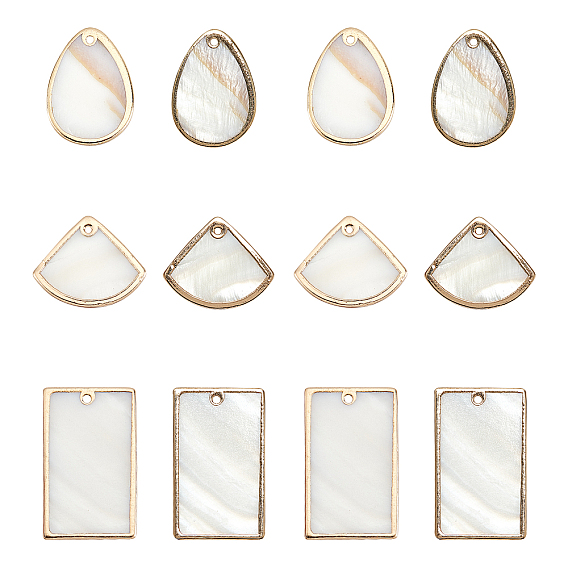 12Pcs 3 Style Natural Freshwater Shell Pendants, Brass Edge Golden Plated