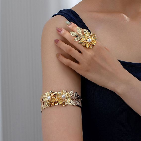 Наборы из цветочного сплава с браслетами-манжетами и кольцами, с пластиковой имитационной жемчужиной