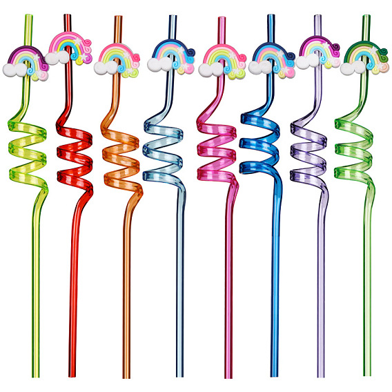 Disposable Plastic Spiral Straws, with Silicone Rainbow Straw Marker, for Party Table Utencils