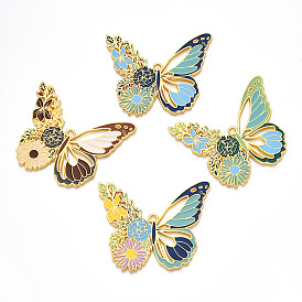 Rack Plating Alloy Enamel Big Pendants, Cadmium Free & Nickel Free & Lead Free, Butterfly with Flower Charms, Golden