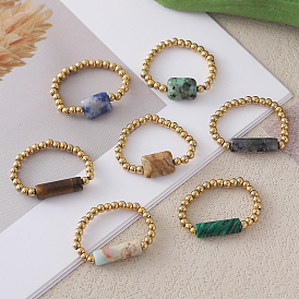 Регулируемые кольца из натуральных драгоценных камней с бусинами из нержавеющей стали, золотые