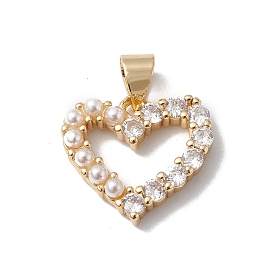Rack Plating Brass Micro Pave Clear Cubic Zirconia Charms, with Plastic Imitation Pearl, Lead Free & Cadmium Free, Long-Lasting Plated, Heart Charm
