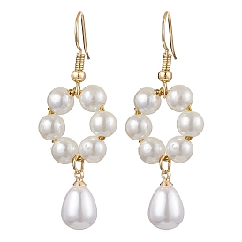 Plastic Pearl with Brass Dangle Earrings for Women, Round with Teardrop, White