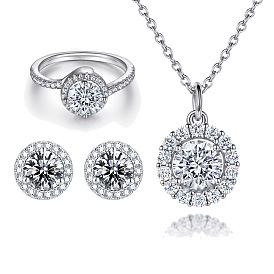 Stylish Double-layered Zirconia Silver Ring Set with Earrings and Necklace for Women
