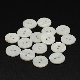 2-Hole Shell Flat Round Buttons, 14x2mm, Hole: 1.5mm