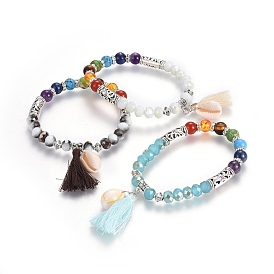 Chakra bijoux, pendentifs de fil de coton bracelets extensibles, avec des perles de pierre naturelles et synthétiques mélangées, Des billes de verre, découvertes de coquille et d'alliage