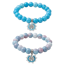 2Pcs 2 Colors 10.5mm Round Opaque Crackle Glass Beaded Stretch Bracelet Sets, Alloy Tree of Life Charm Bracelets