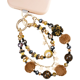 1 Chaînes de dragonne pour téléphone en alliage et résine, avec boule de fourrure, fleur avec papillon, or
