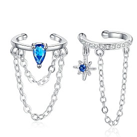 Double-layered Chain Klein Blue Ear Clip with Waterdrop and Zirconia, No Piercing Required