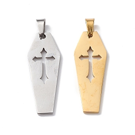 304 Stainless Steel Pendants, Laser Cut, Coffin with Cross Charm