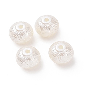 ABS Plastic Imitation Pearl Beads, Flat Round with Leaf