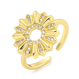 Flower Clear Cubic Zirconia Open Cuff Ring, Brass Finger Rings for Women