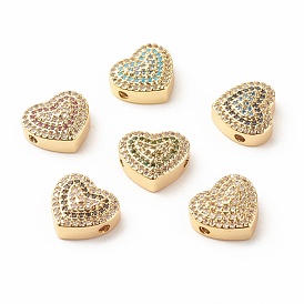 Rack Plating Brass Cubic Zirconia Beads, Cadmium Free & Lead Free, Real 18K Gold Plated, Hollow Heart
