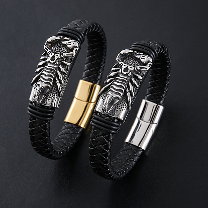 Браслеты из плетеного шнура из искусственной кожи в стиле панк, 304 Браслеты из нержавеющей стали с подвесками в виде скорпиона для мужчин, с магнитной застежкой