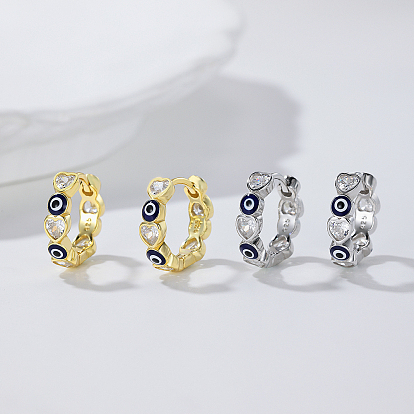 S925 Sterling Silver Heart with Evil Eye Hoop Earrings, with Clear Cubic Zirconia