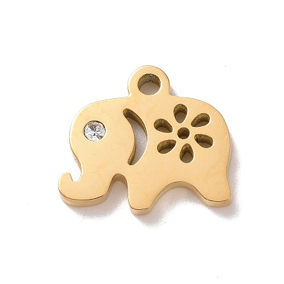 Ion Plating(IP) 304 Stainless Steel Charms, Manual Polishing, with Crystal Rhinestone, Elephant