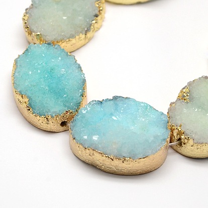 Golden Plated Dyed Oval Natural Druzy Quartz Crystal Beads Strands, 30x22x5~12mm, Hole: 2mm, about 6pcs/strand, 7 inch