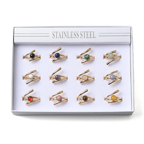 Круглые кольца из смешанных натуральных камней, 304 из нержавеющей стали манжеты кольца, реальный 18 k позолоченный, ионное покрытие (ip)